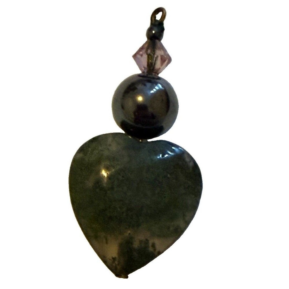 Vintage Green Moss Agate Stone Heart Pendant Hematite Crystal Charm For Necklace